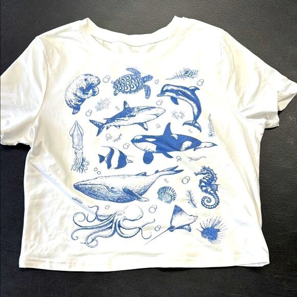 Blue and White Marine Life cropped fitted T-Shirt- size M - Picture 7 of 9